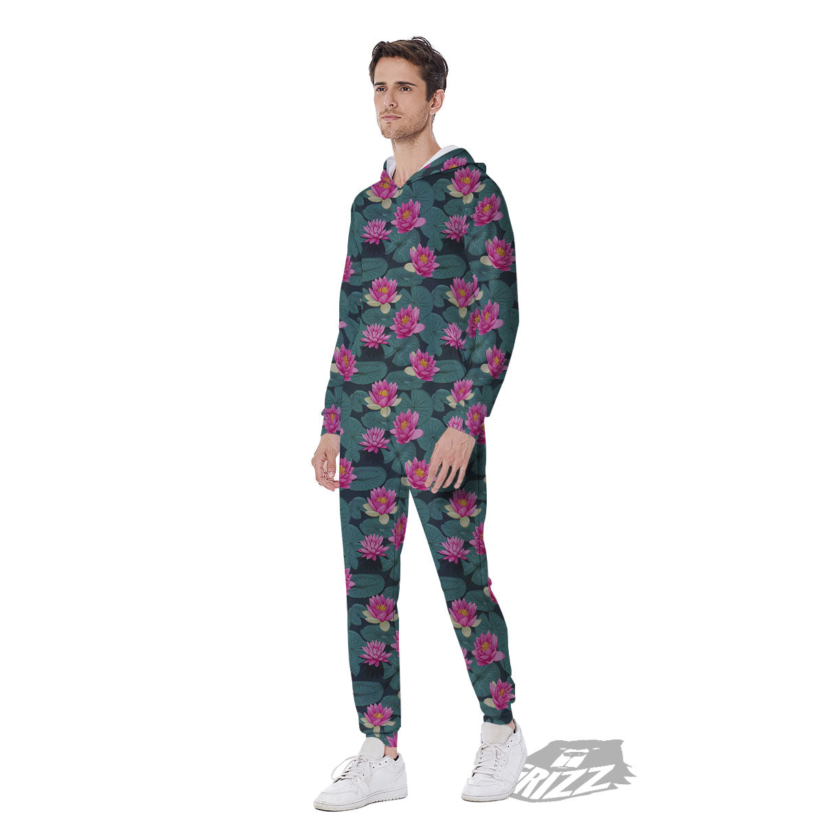 Lotus Hot Pink Print Pattern Men's Jumpsuit-grizzshop