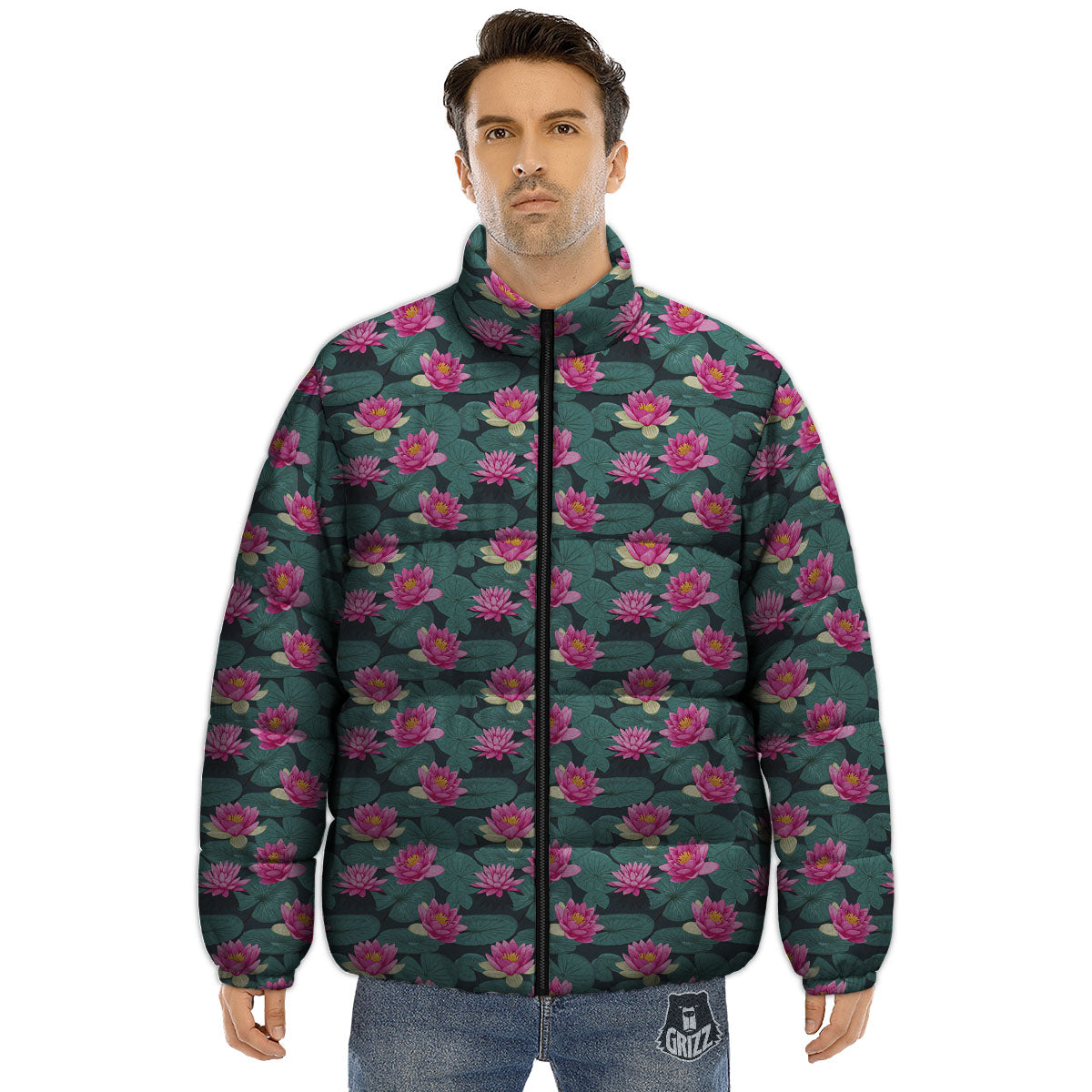 Lotus Hot Pink Print Pattern Puffer Jacket-grizzshop