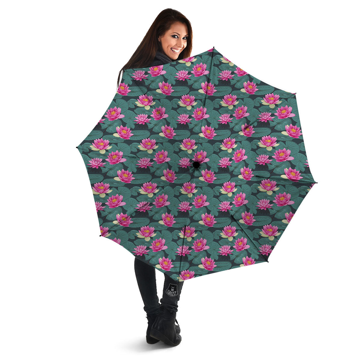 Lotus Hot Pink Print Pattern Umbrella-grizzshop