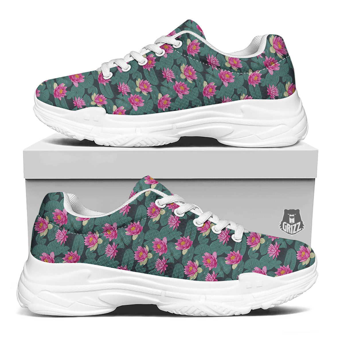 Lotus Hot Pink Print Pattern White Chunky Shoes-grizzshop