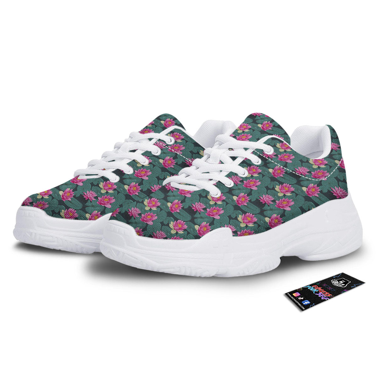 Lotus Hot Pink Print Pattern White Chunky Shoes-grizzshop