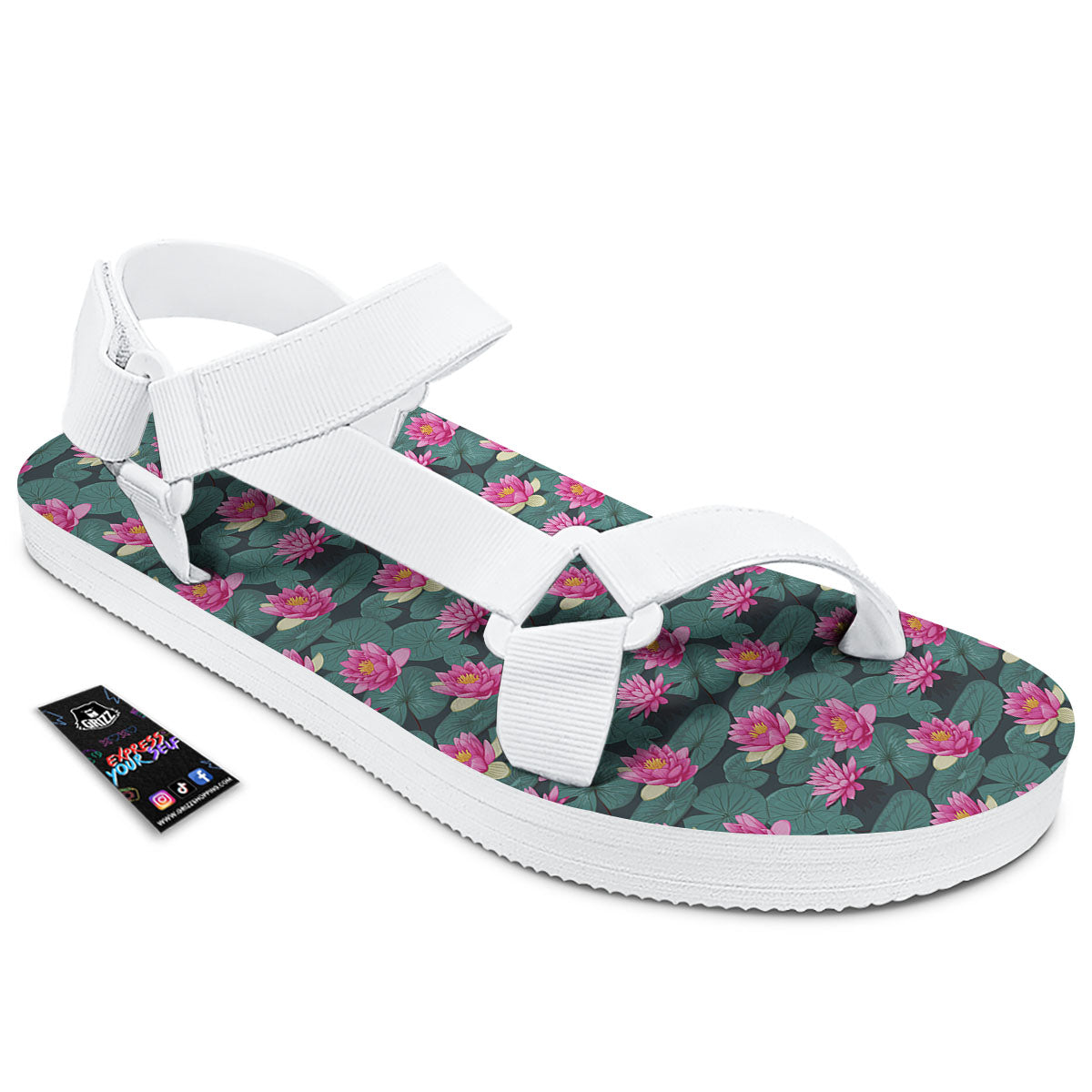 Lotus Hot Pink Print Pattern White Open Toe Sandals-grizzshop