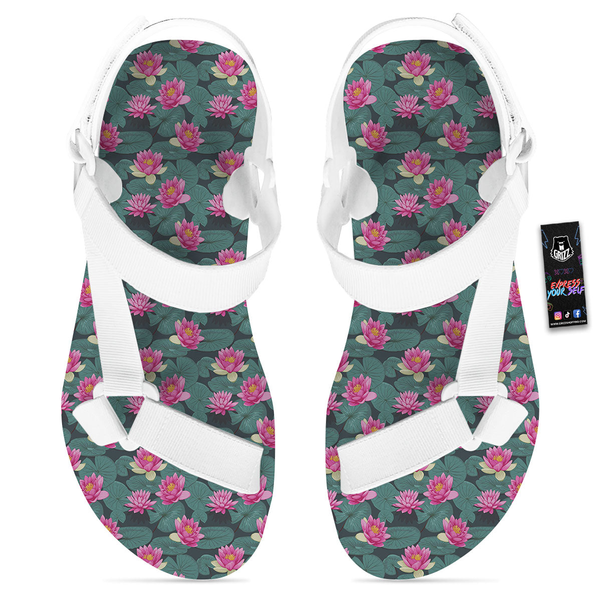Lotus Hot Pink Print Pattern White Open Toe Sandals-grizzshop