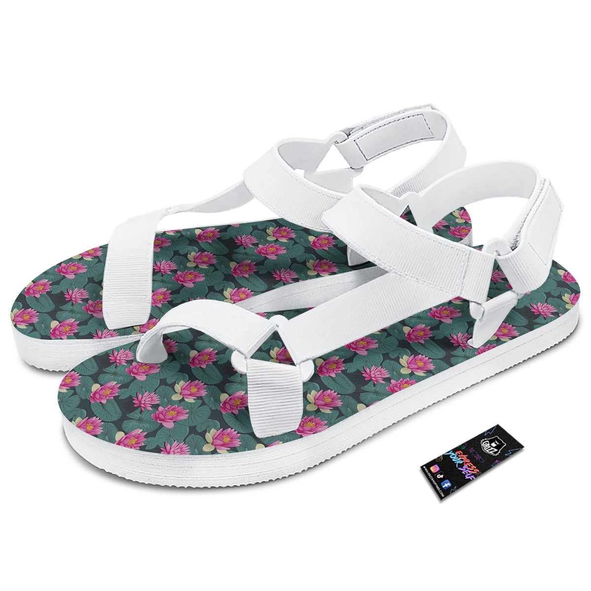 Lotus Hot Pink Print Pattern White Open Toe Sandals-grizzshop