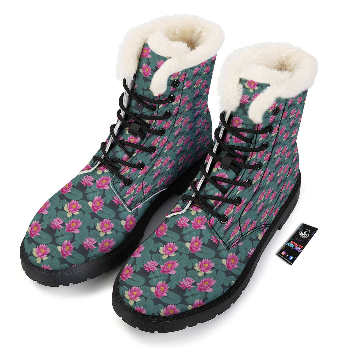 Lotus Hot Pink Print Pattern Winter Boots-grizzshop