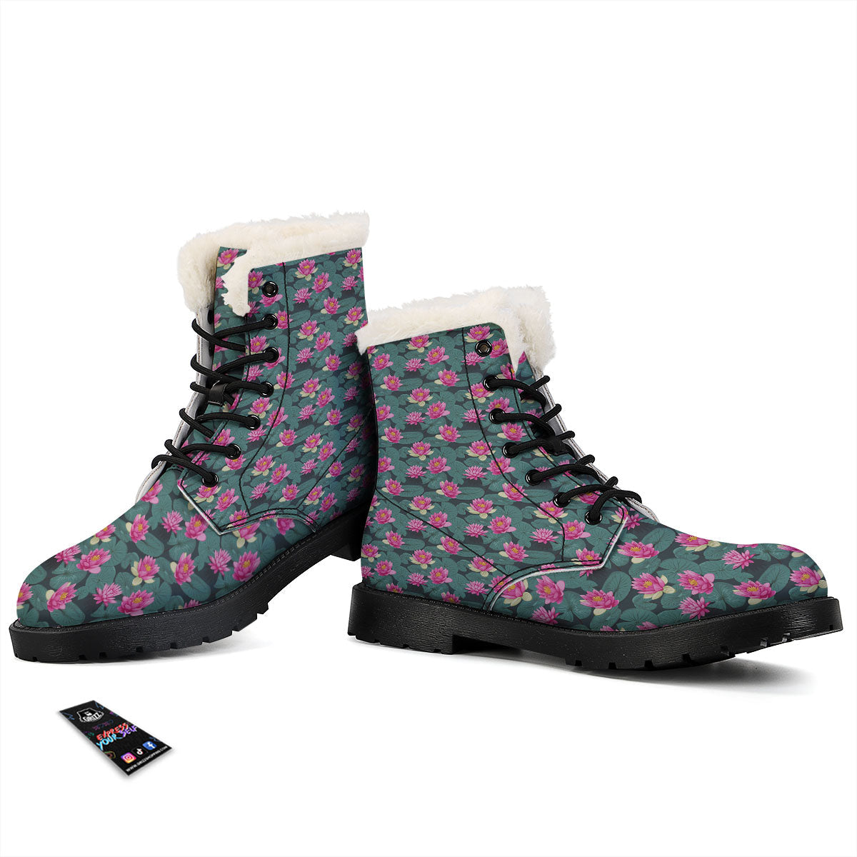 Lotus Hot Pink Print Pattern Winter Boots-grizzshop