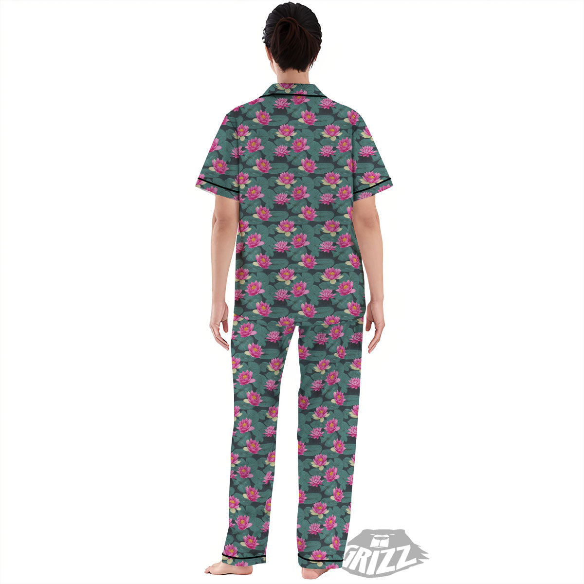 Lotus Hot Pink Print Pattern Women's Pajamas Set-grizzshop