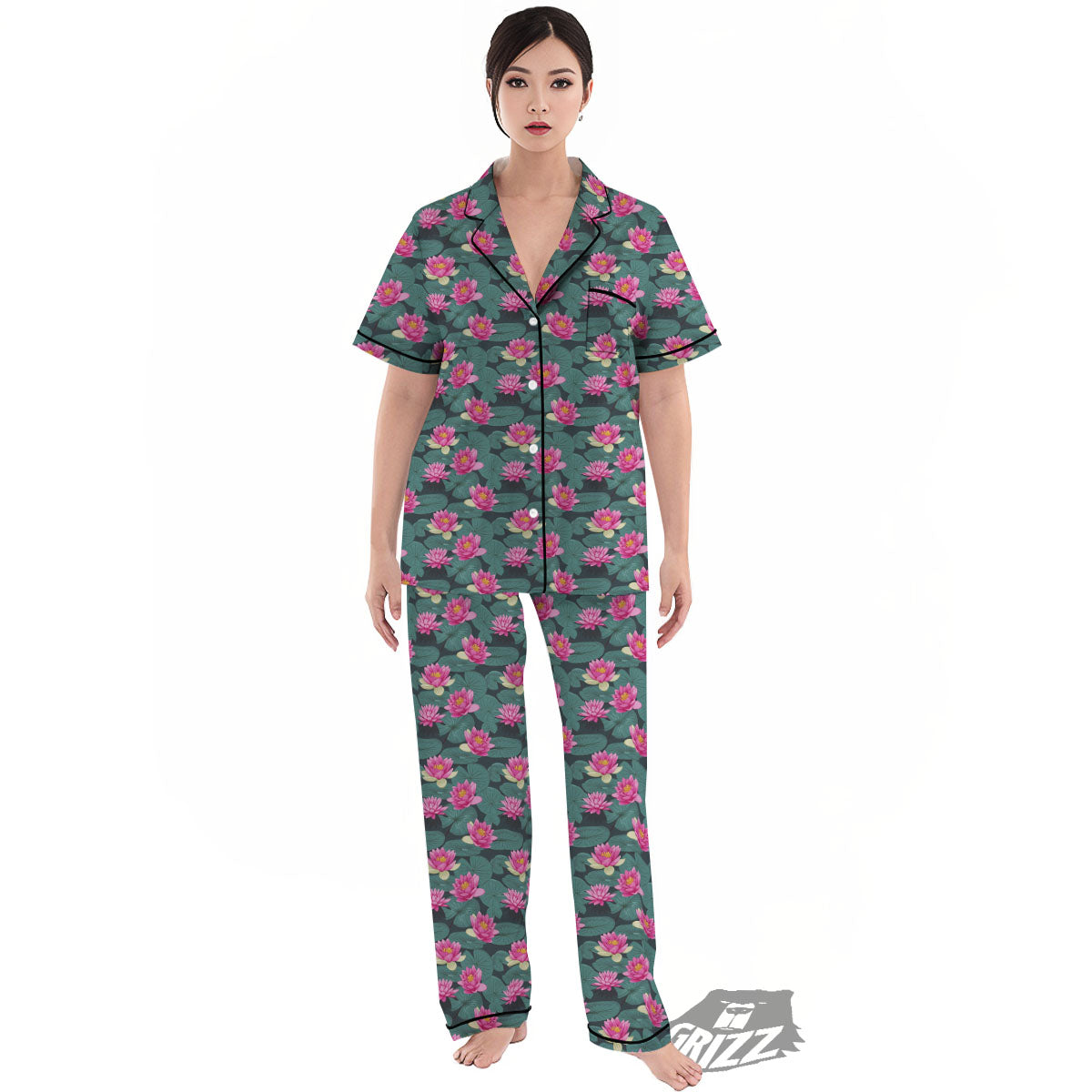 Lotus Hot Pink Print Pattern Women's Pajamas Set-grizzshop