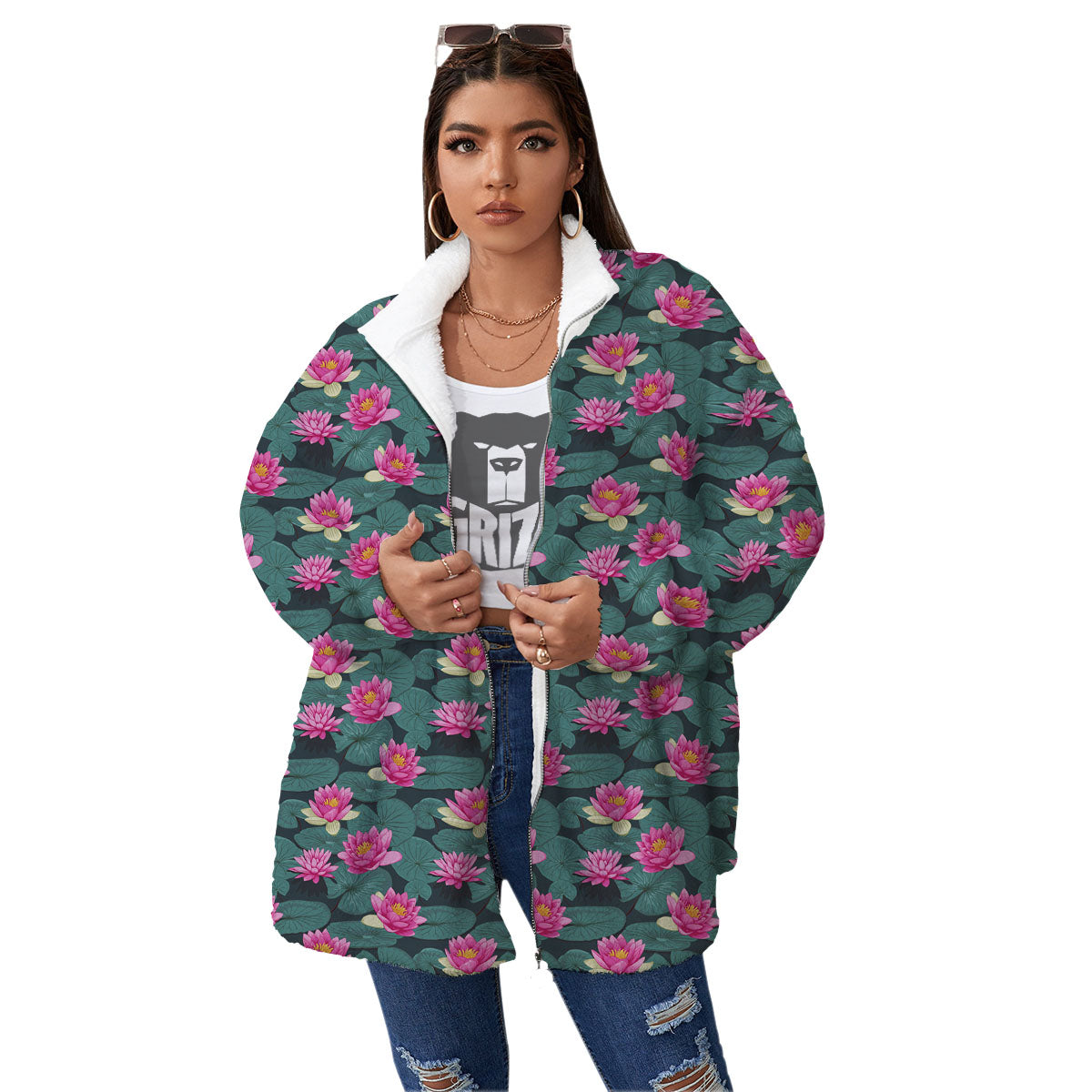 Lotus Hot Pink Print Pattern Women's Sherpa Jacket-grizzshop