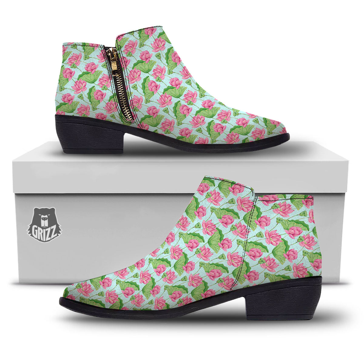 Lotus Leaf And Flower On The Water Print Pattern Ankle Boots-grizzshop