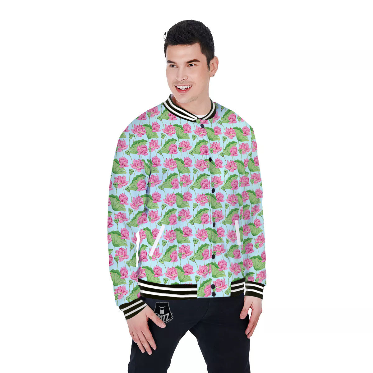 Lotus Leaf And Flower On The Water Print Pattern Baseball Jacket-grizzshop