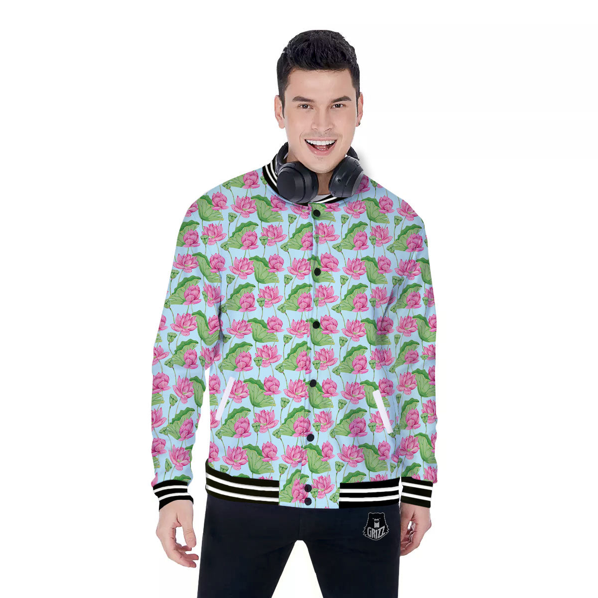 Lotus Leaf And Flower On The Water Print Pattern Baseball Jacket-grizzshop