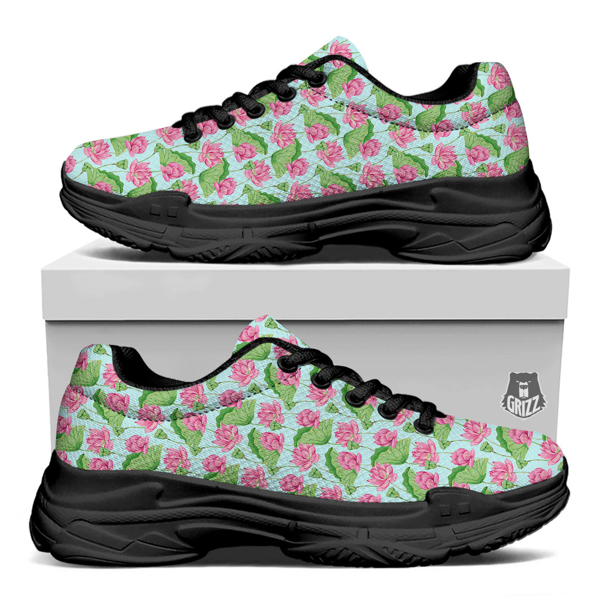 Lotus Leaf And Flower On The Water Print Pattern Black Chunky Shoes-grizzshop
