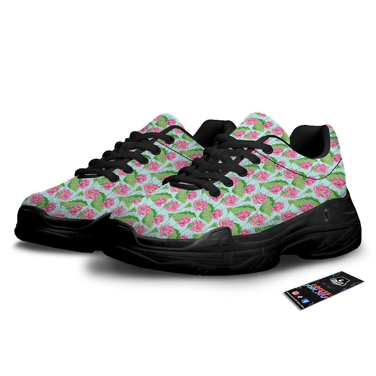 Lotus Leaf And Flower On The Water Print Pattern Black Chunky Shoes-grizzshop