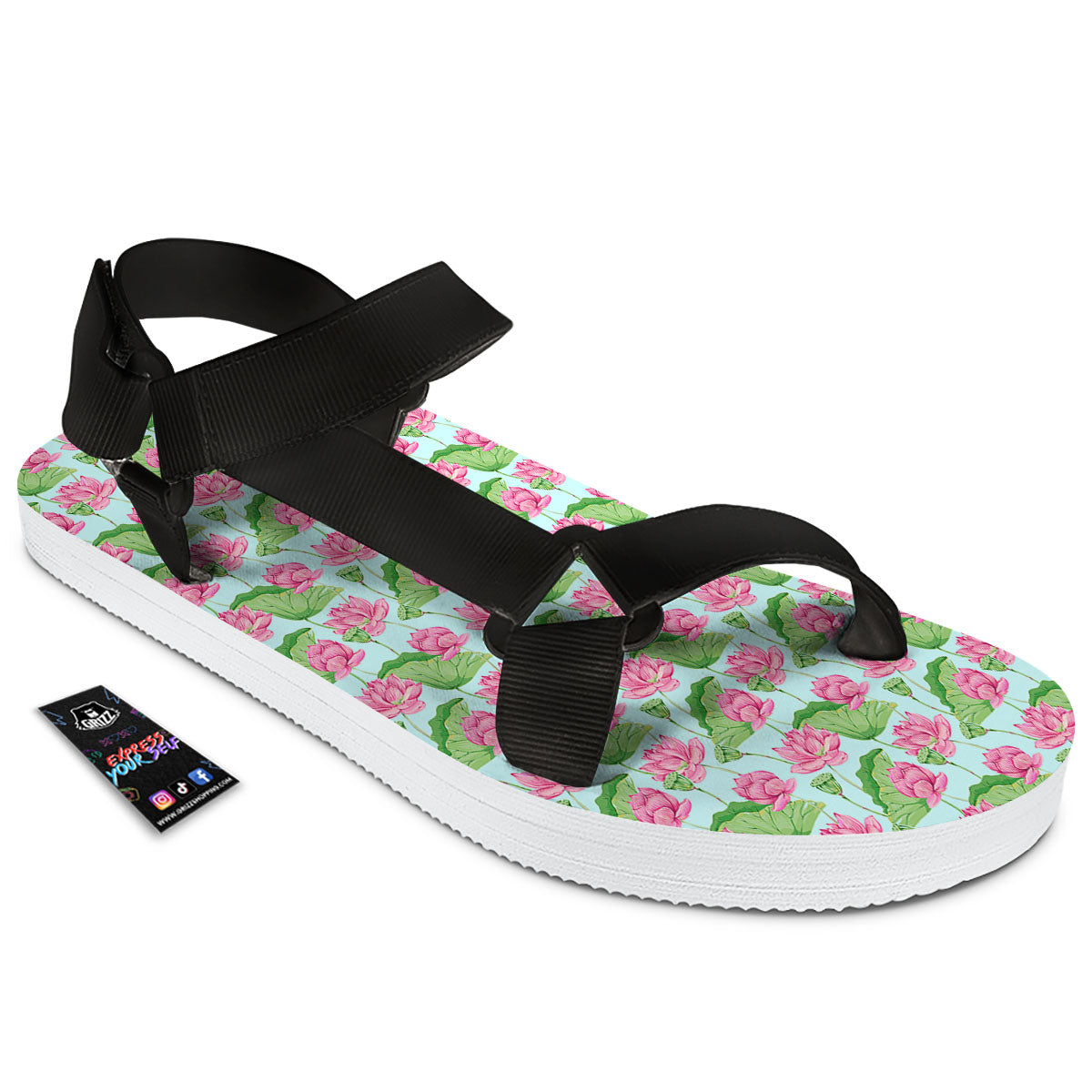 Lotus Leaf And Flower On The Water Print Pattern Black Open Toe Sandals-grizzshop