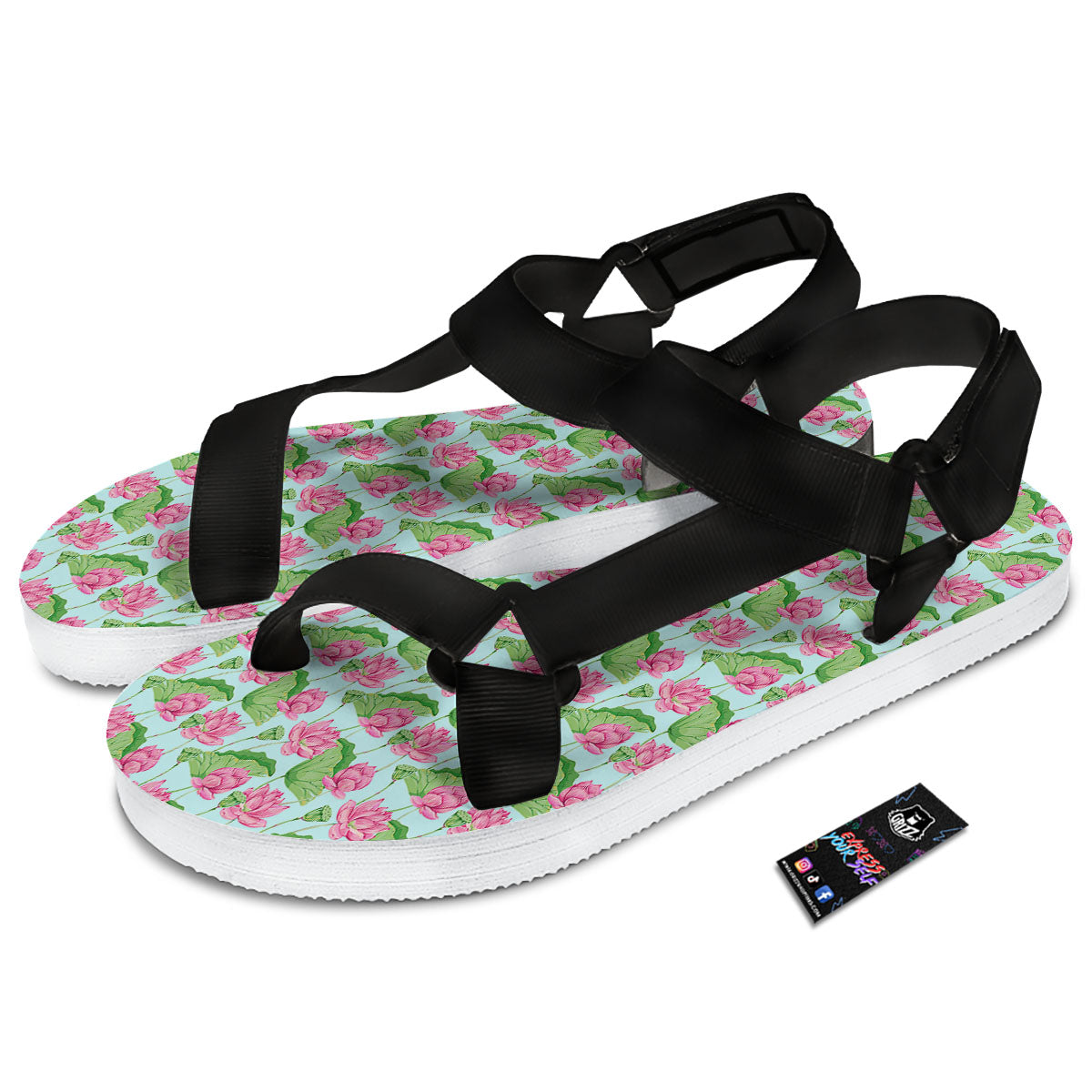Lotus Leaf And Flower On The Water Print Pattern Black Open Toe Sandals-grizzshop