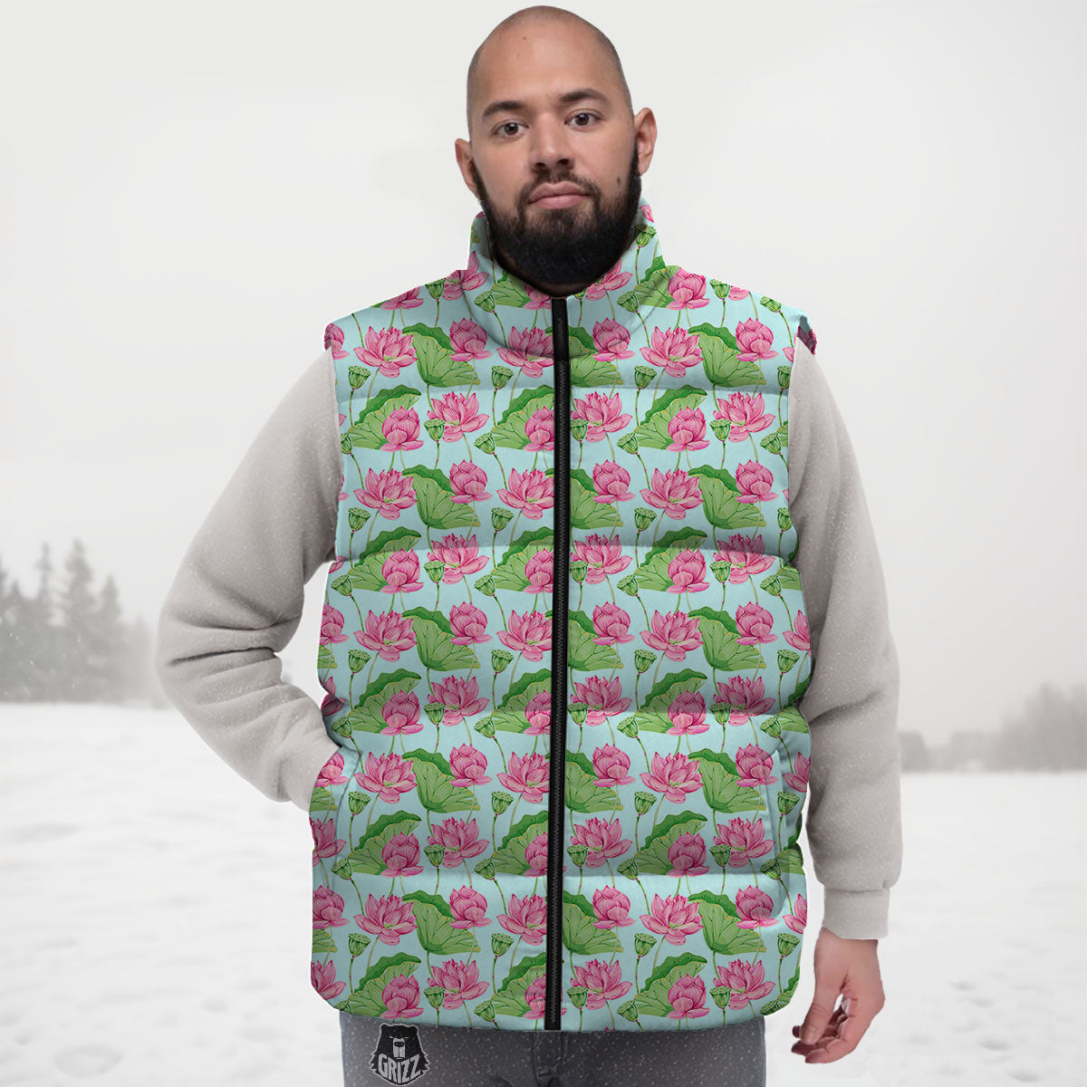 Lotus Leaf And Flower On The Water Print Pattern Down Vest