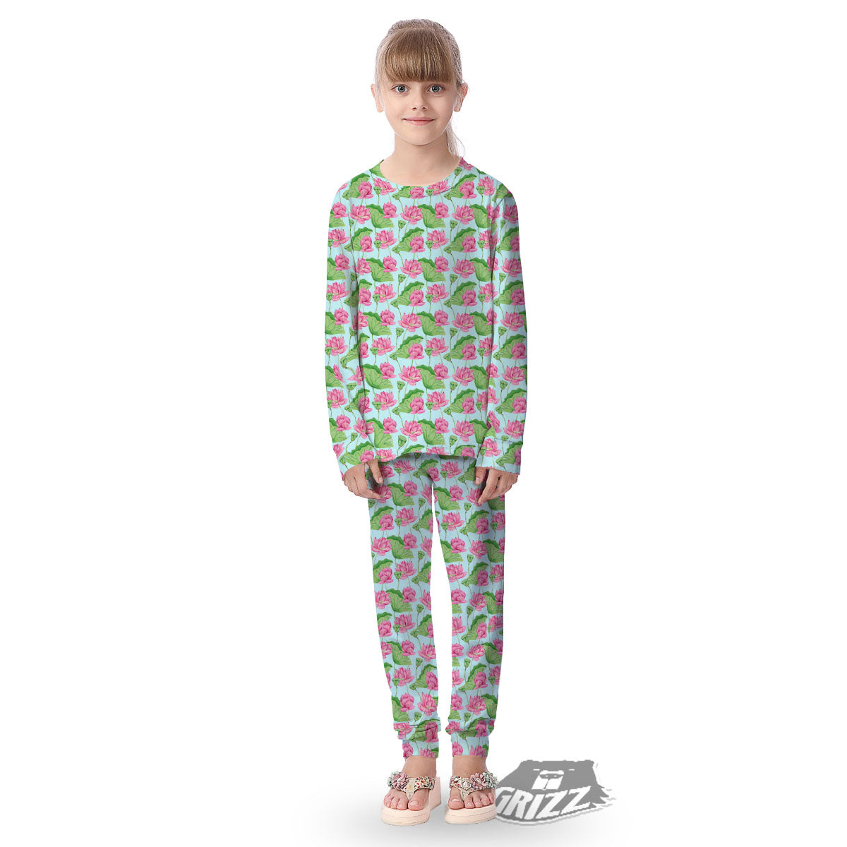 Lotus Leaf And Flower On The Water Print Pattern Kid's Pajamas-grizzshop