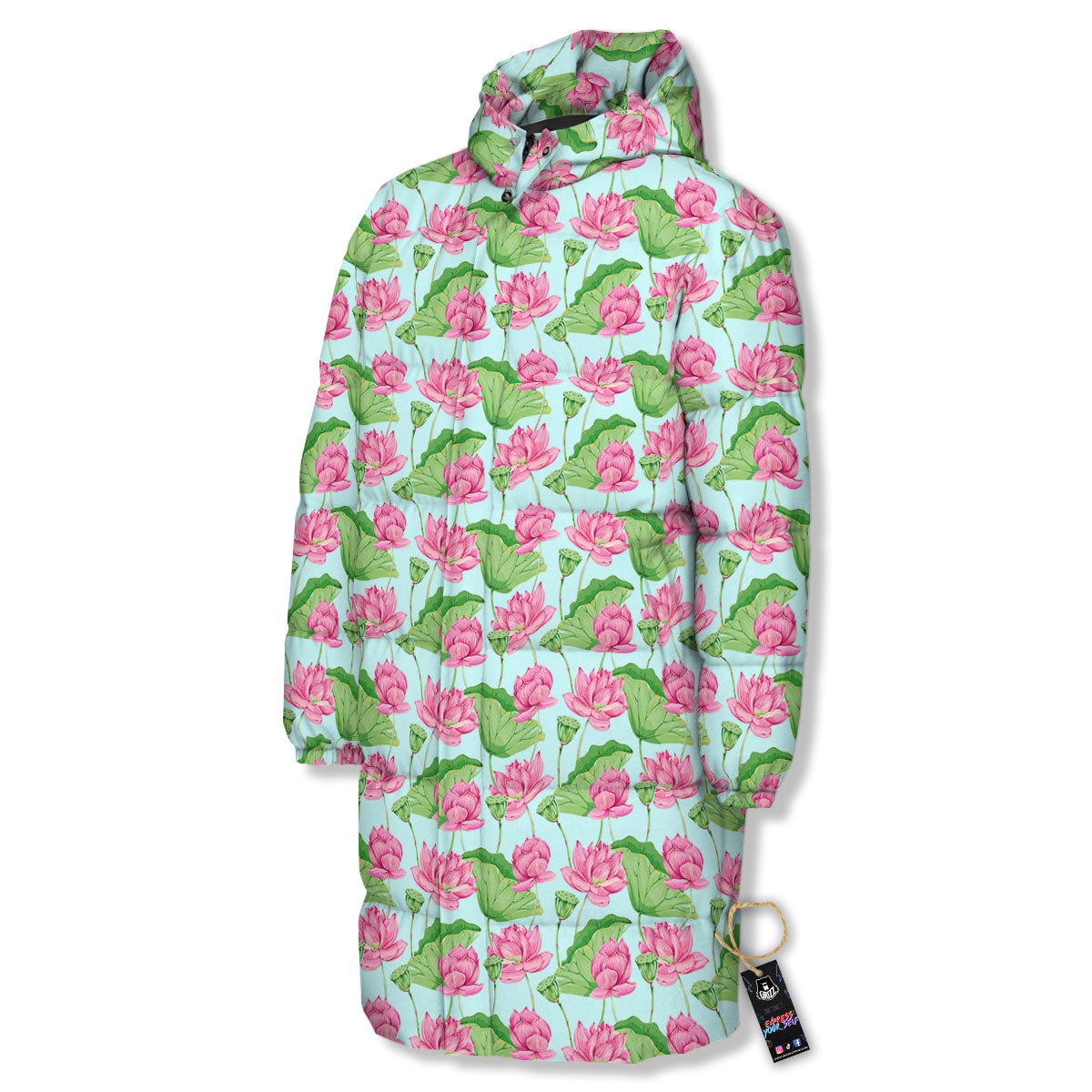 Lotus Leaf And Flower On The Water Print Pattern Long Down Jacket-grizzshop