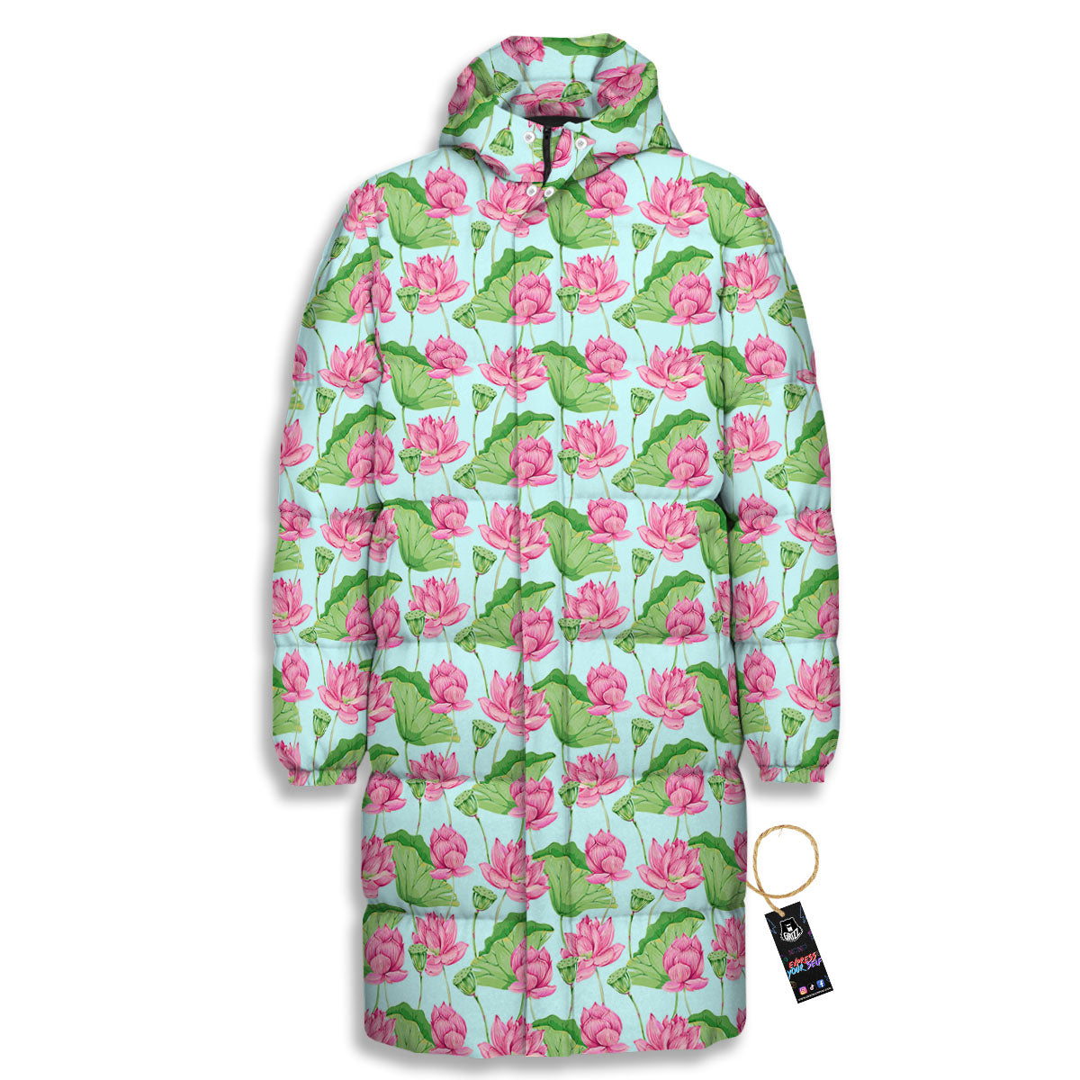 Lotus Leaf And Flower On The Water Print Pattern Long Down Jacket-grizzshop