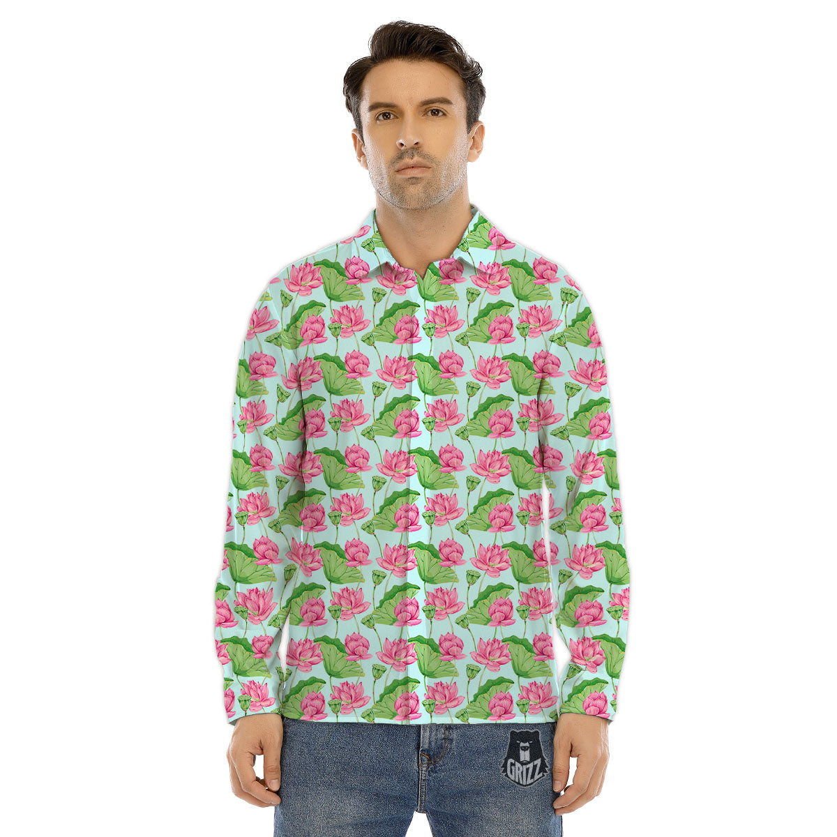 Lotus Leaf And Flower On The Water Print Pattern Men's Dress Shirts-grizzshop