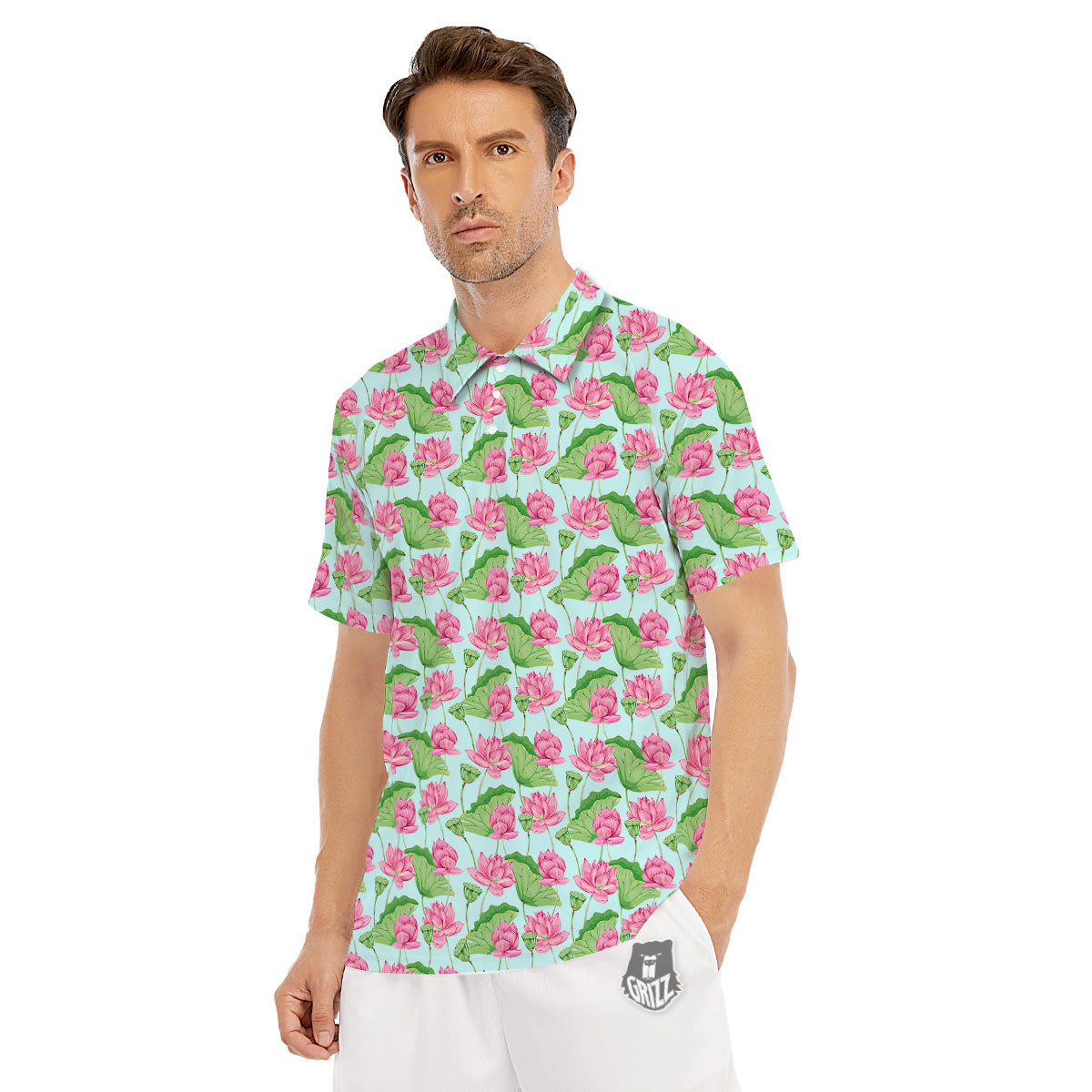 Lotus Leaf And Flower On The Water Print Pattern Men's Golf Shirts-grizzshop