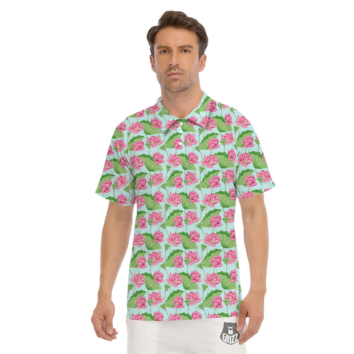 Lotus Leaf And Flower On The Water Print Pattern Men's Golf Shirts-grizzshop