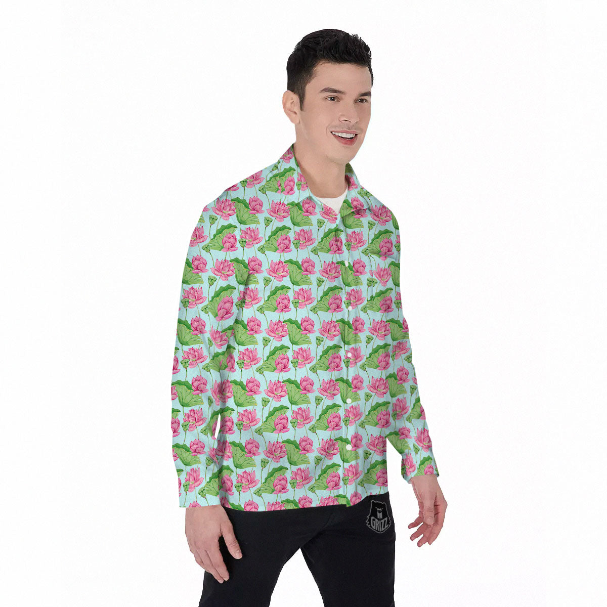 Lotus Leaf And Flower On The Water Print Pattern Men's Long Sleeve Shirts-grizzshop