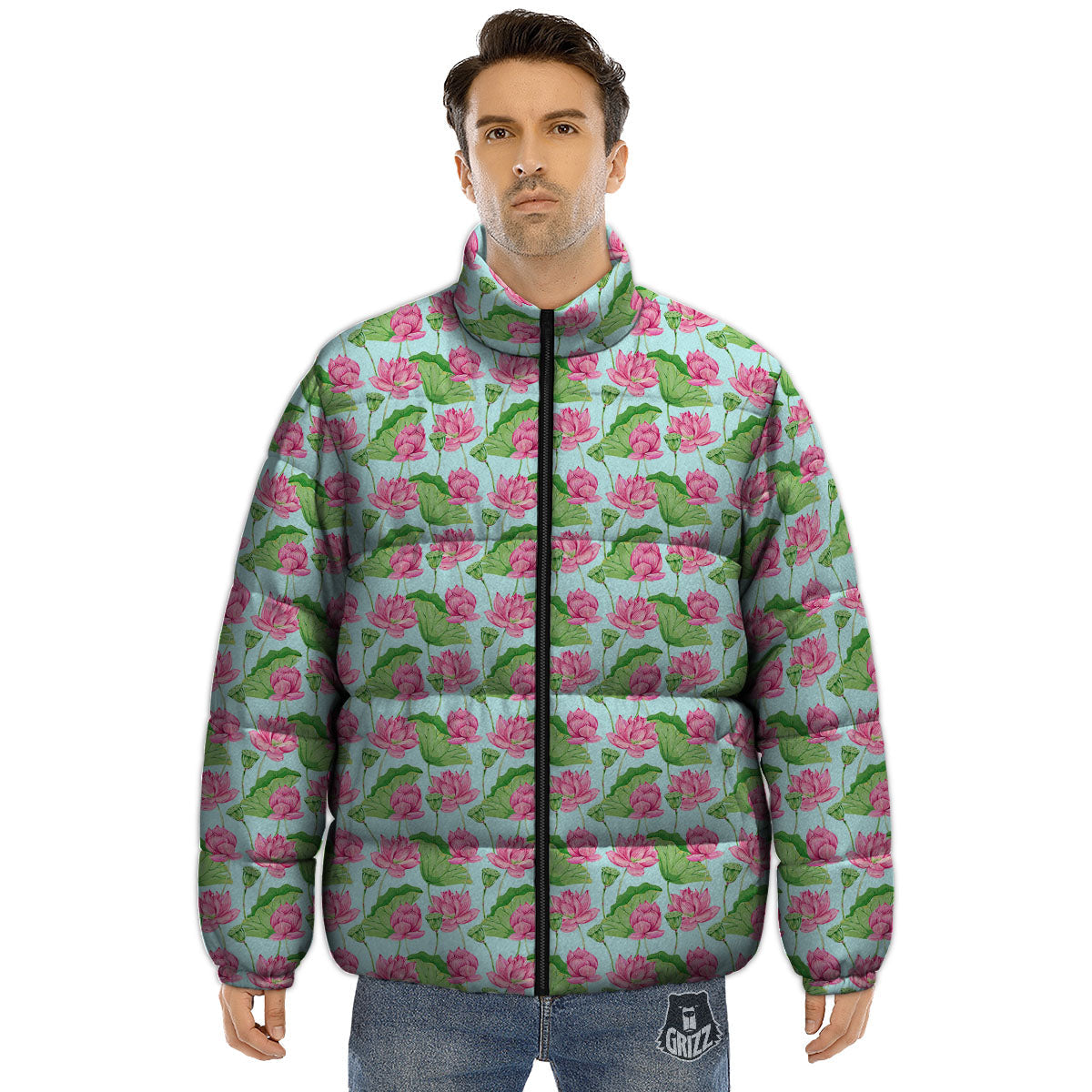 Lotus Leaf And Flower On The Water Print Pattern Puffer Jacket-grizzshop