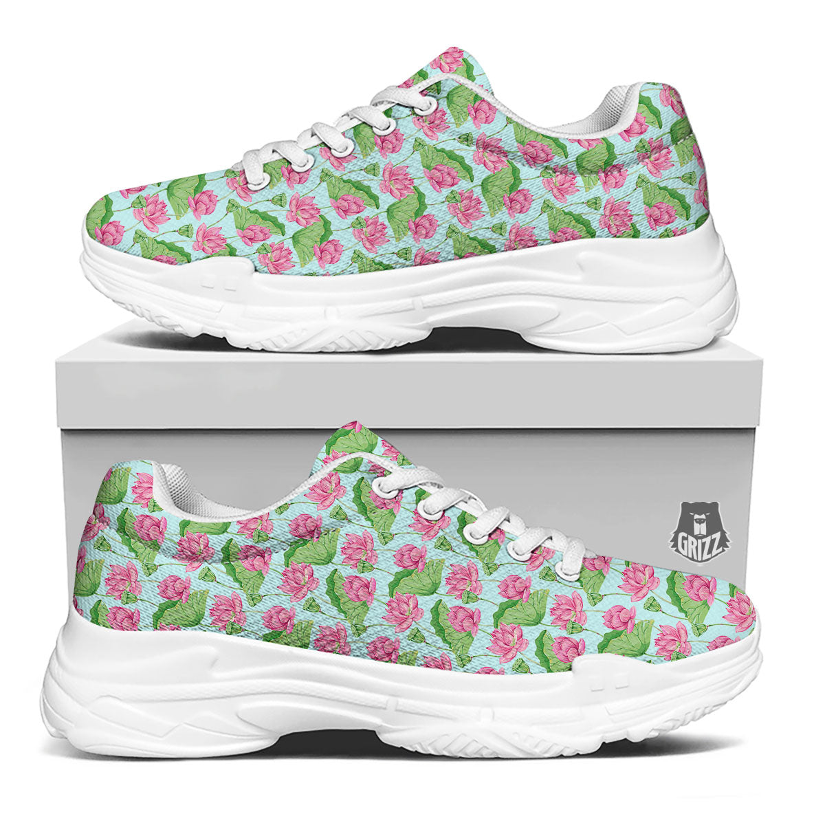 Lotus Leaf And Flower On The Water Print Pattern White Chunky Shoes-grizzshop