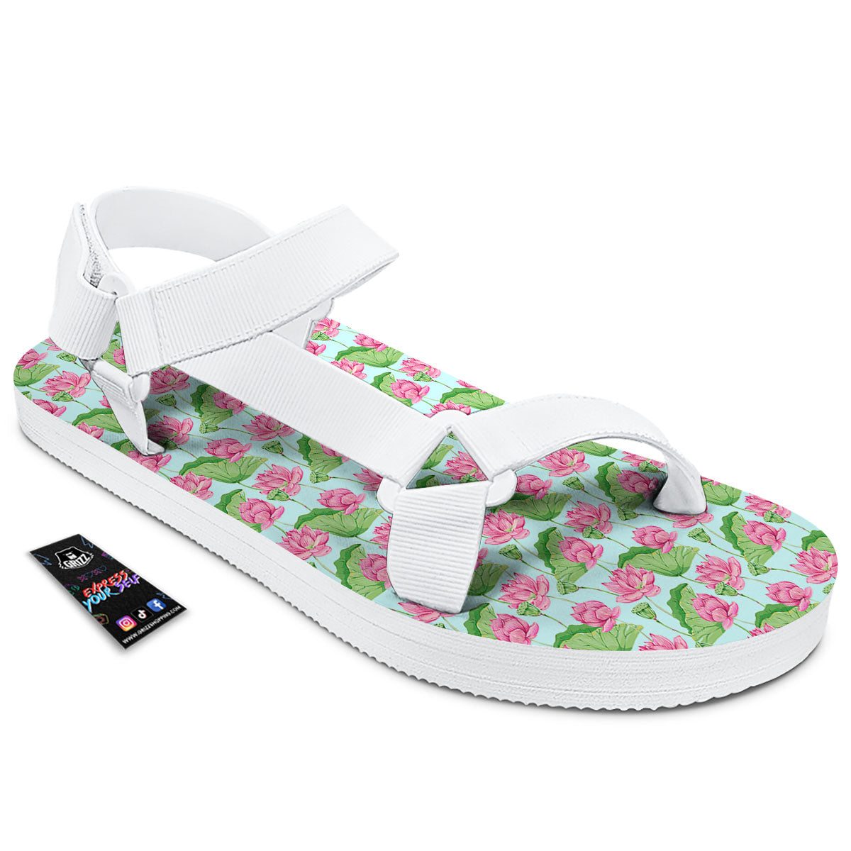 Lotus Leaf And Flower On The Water Print Pattern White Open Toe Sandals-grizzshop