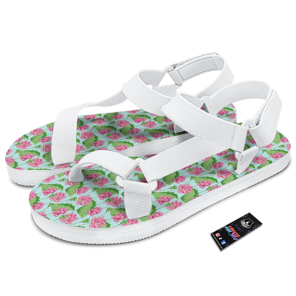 Lotus Leaf And Flower On The Water Print Pattern White Open Toe Sandals-grizzshop