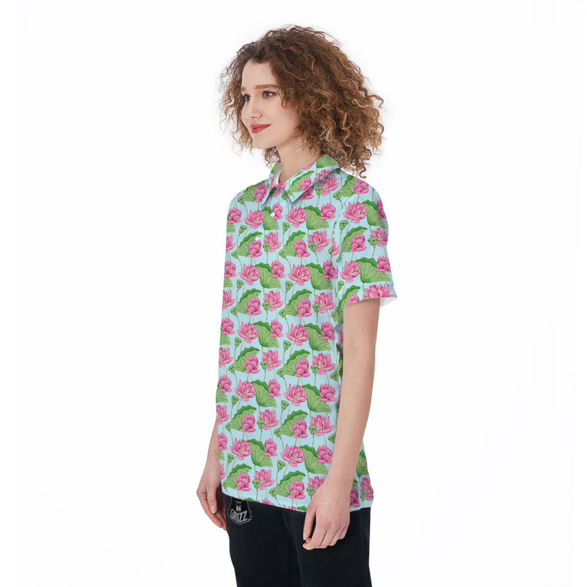 Lotus Leaf And Flower On The Water Print Pattern Women's Golf Shirts-grizzshop