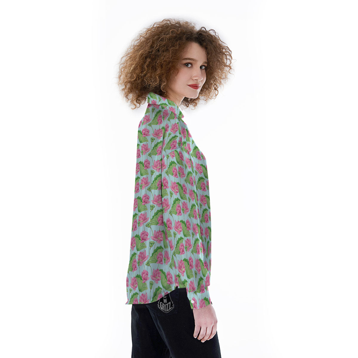 Lotus Leaf And Flower On The Water Print Pattern Women's Long Sleeve Shirts-grizzshop