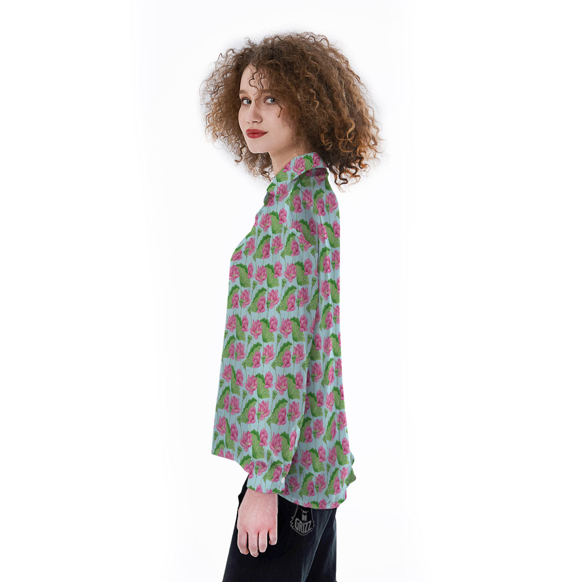 Lotus Leaf And Flower On The Water Print Pattern Women's Long Sleeve Shirts-grizzshop