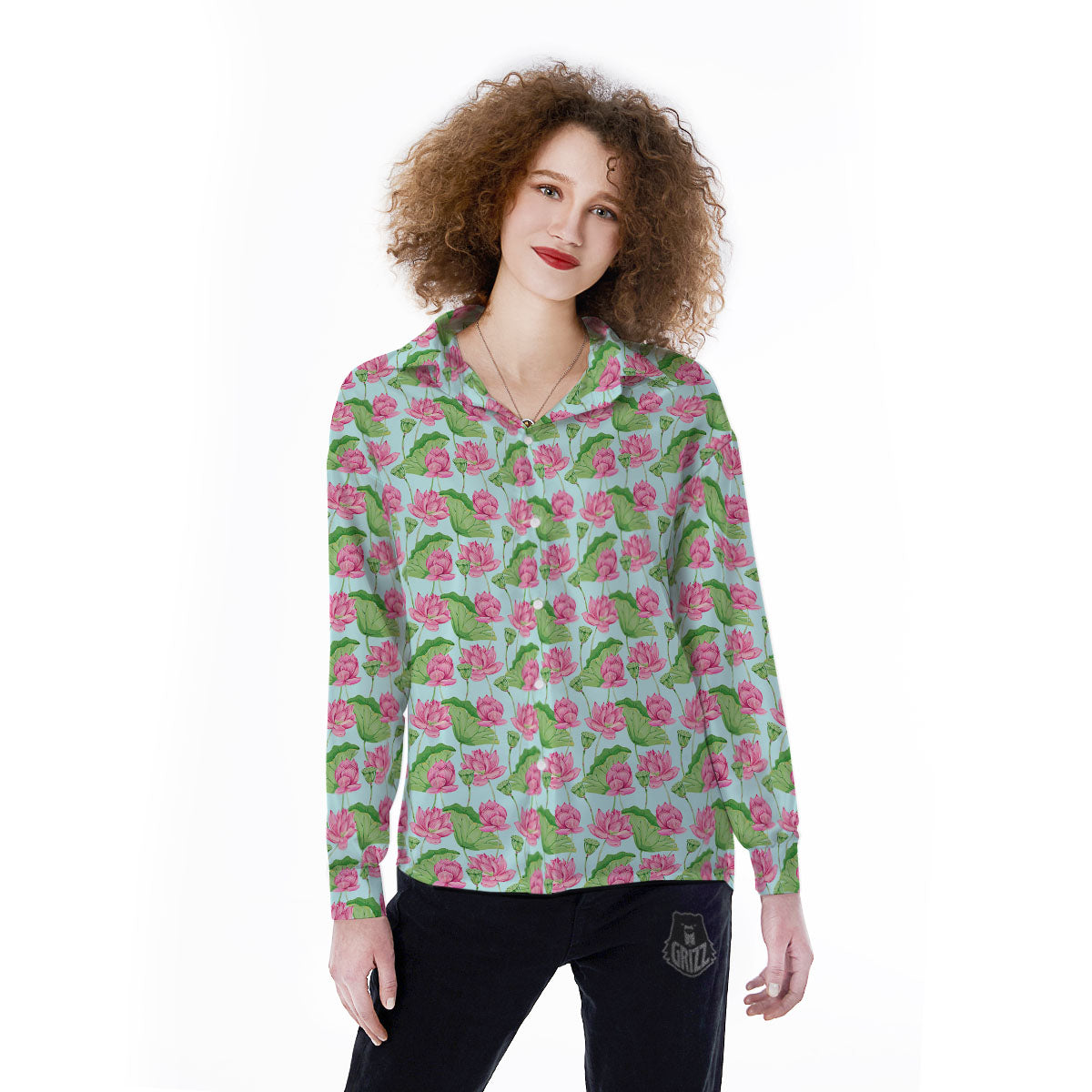 Lotus Leaf And Flower On The Water Print Pattern Women's Long Sleeve Shirts-grizzshop