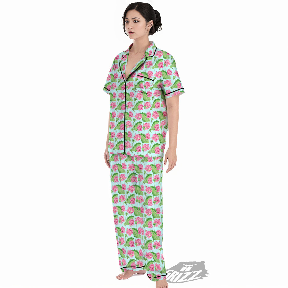 Lotus Leaf And Flower On The Water Print Pattern Women's Pajamas Set-grizzshop