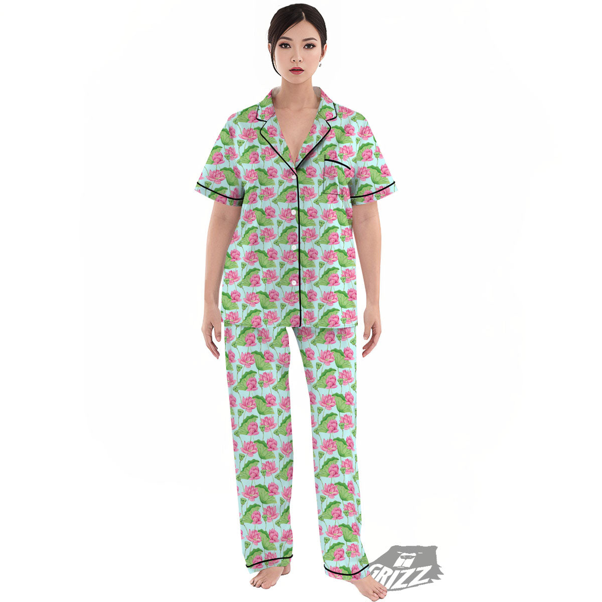 Lotus Leaf And Flower On The Water Print Pattern Women's Pajamas Set-grizzshop