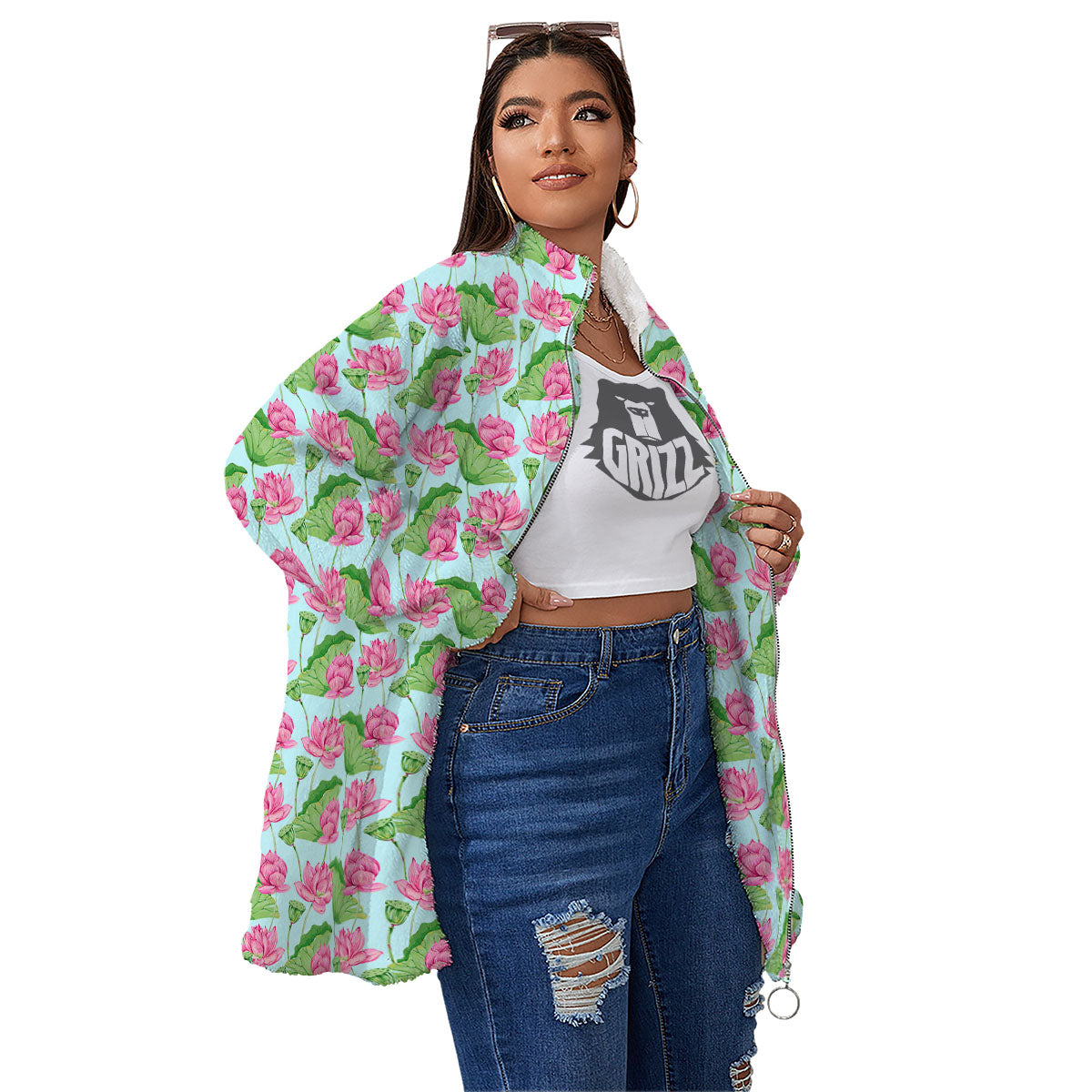 Lotus Leaf And Flower On The Water Print Pattern Women's Sherpa Jacket-grizzshop