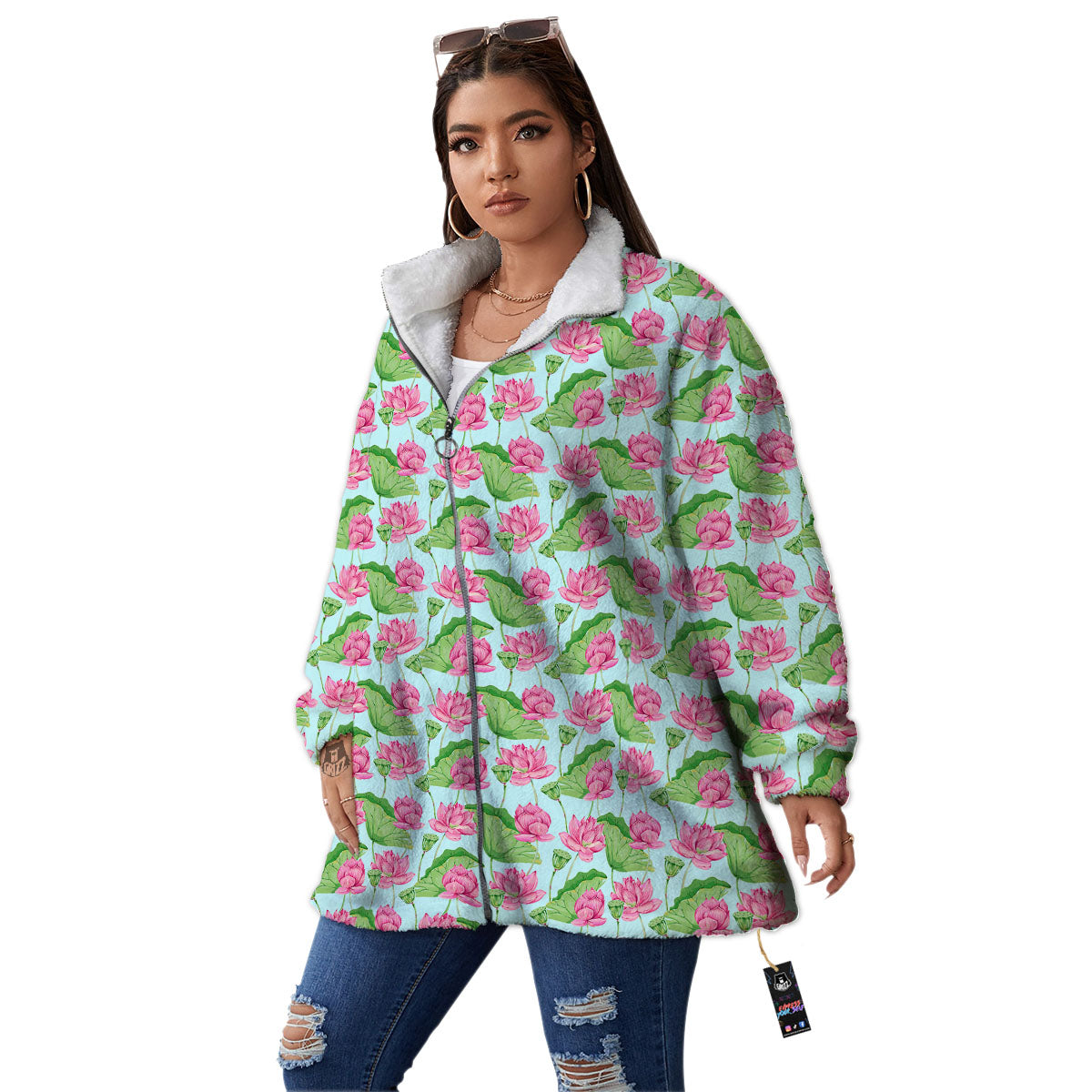 Lotus Leaf And Flower On The Water Print Pattern Women's Sherpa Jacket-grizzshop