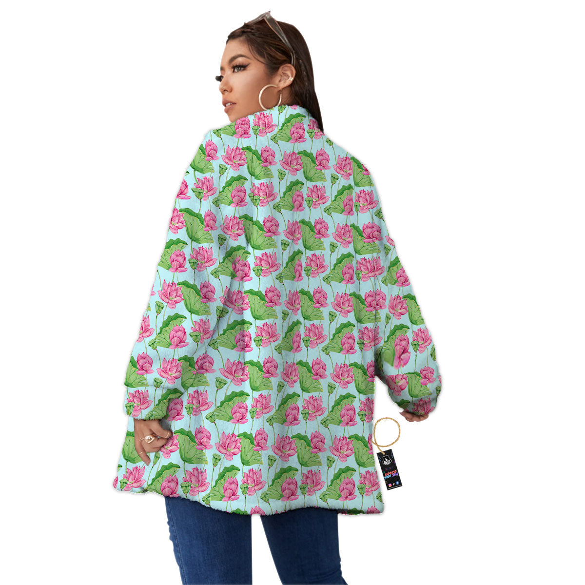 Lotus Leaf And Flower On The Water Print Pattern Women's Sherpa Jacket-grizzshop