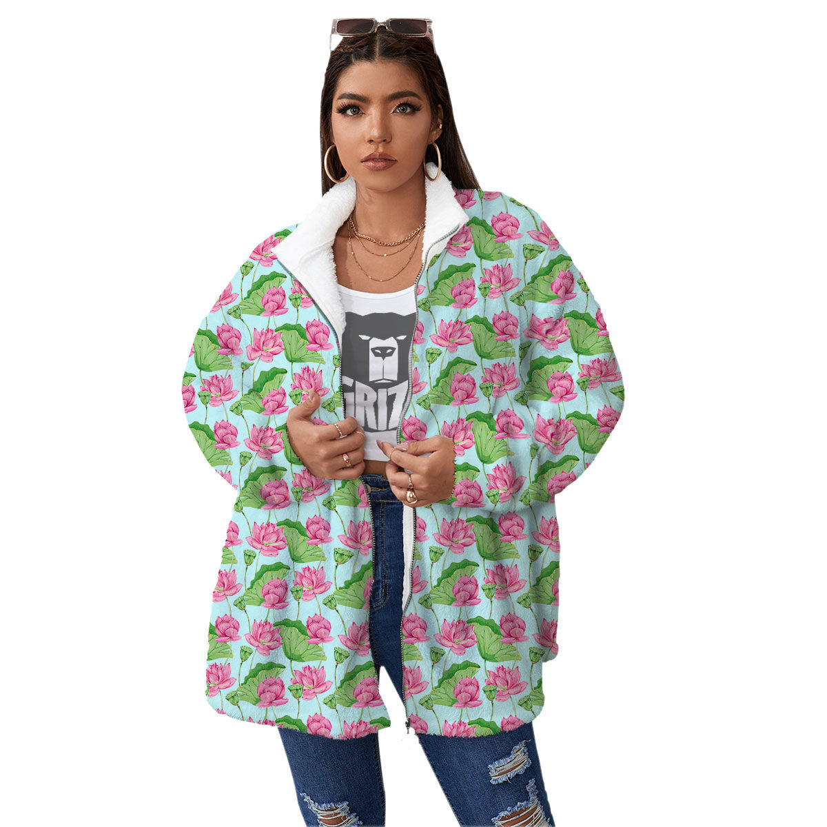 Lotus Leaf And Flower On The Water Print Pattern Women's Sherpa Jacket-grizzshop