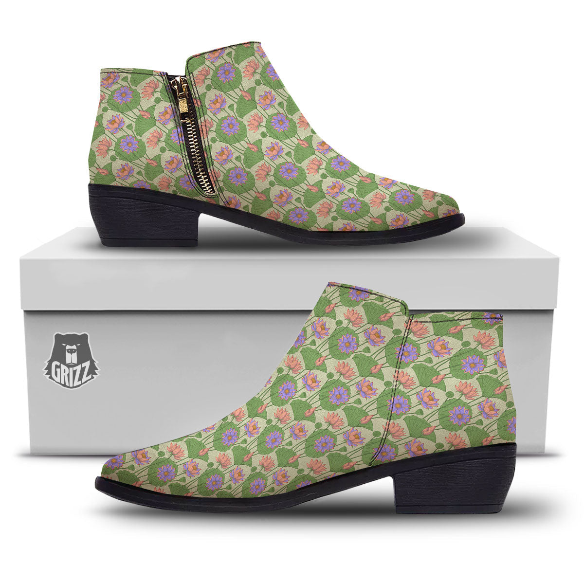 Lotus Leaf And Flower Print Pattern Ankle Boots-grizzshop