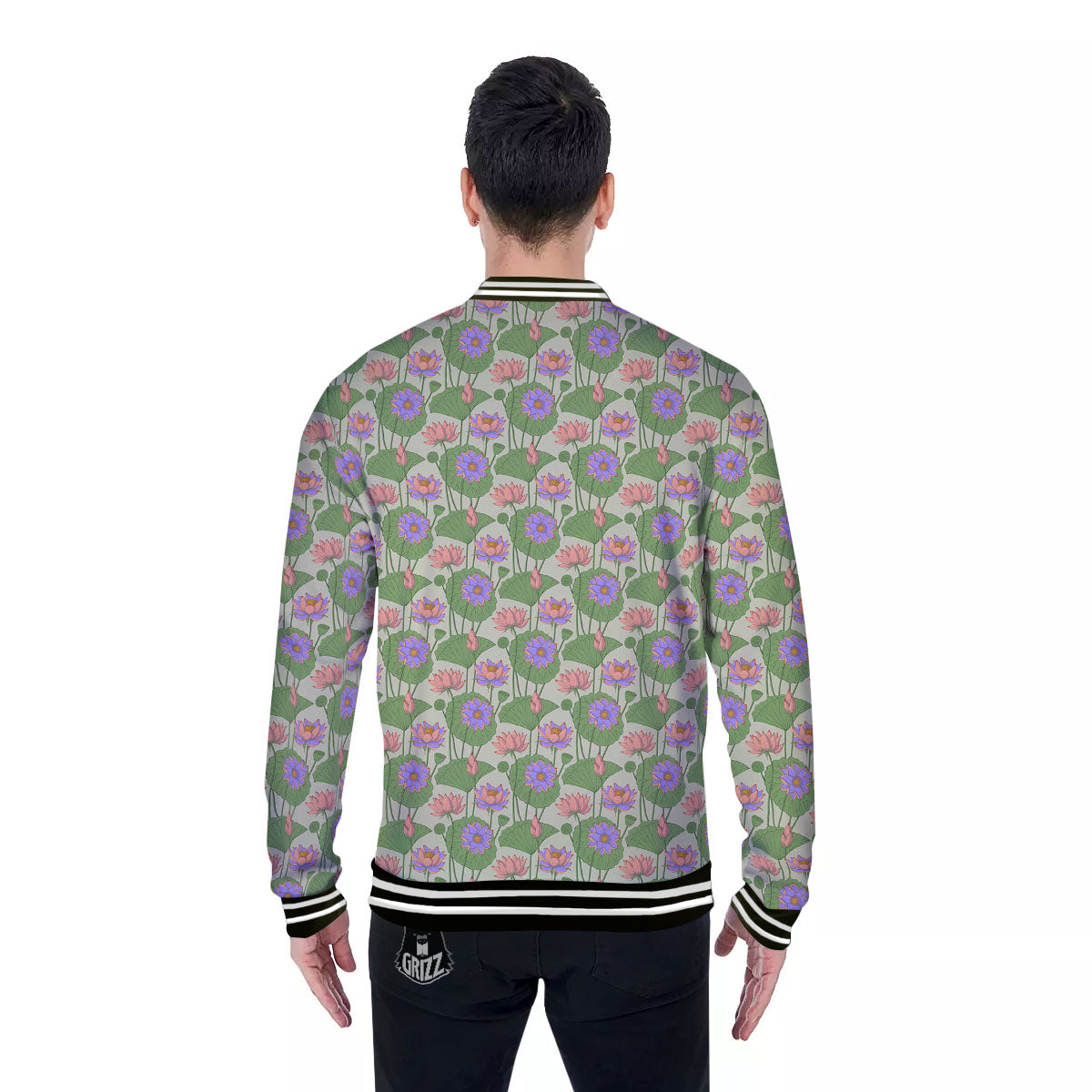 Lotus Leaf And Flower Print Pattern Baseball Jacket-grizzshop