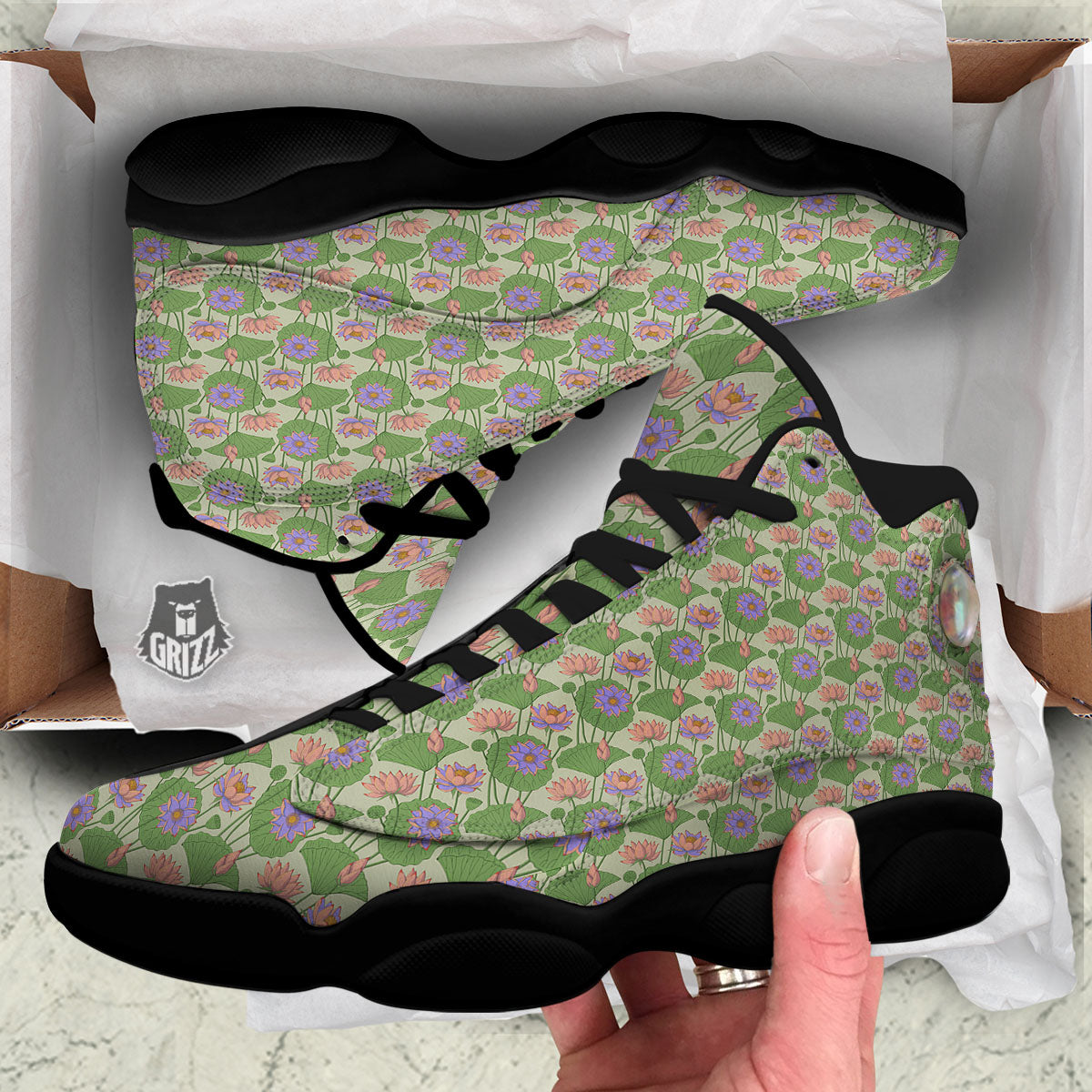 Lotus Leaf And Flower Print Pattern Black Basketball Shoes-grizzshop