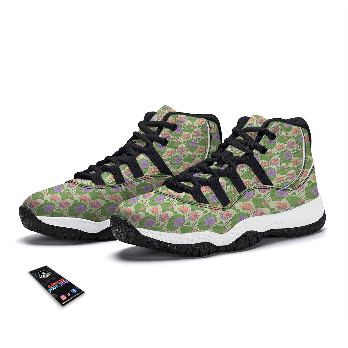 Lotus Leaf And Flower Print Pattern Black Bball Shoes-grizzshop