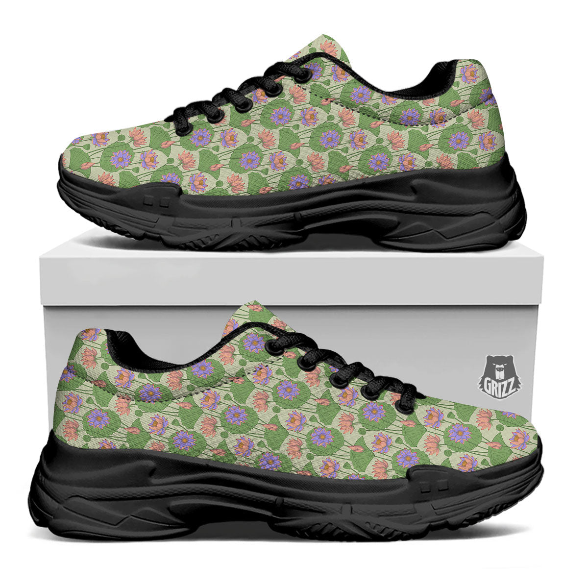Lotus Leaf And Flower Print Pattern Black Chunky Shoes-grizzshop