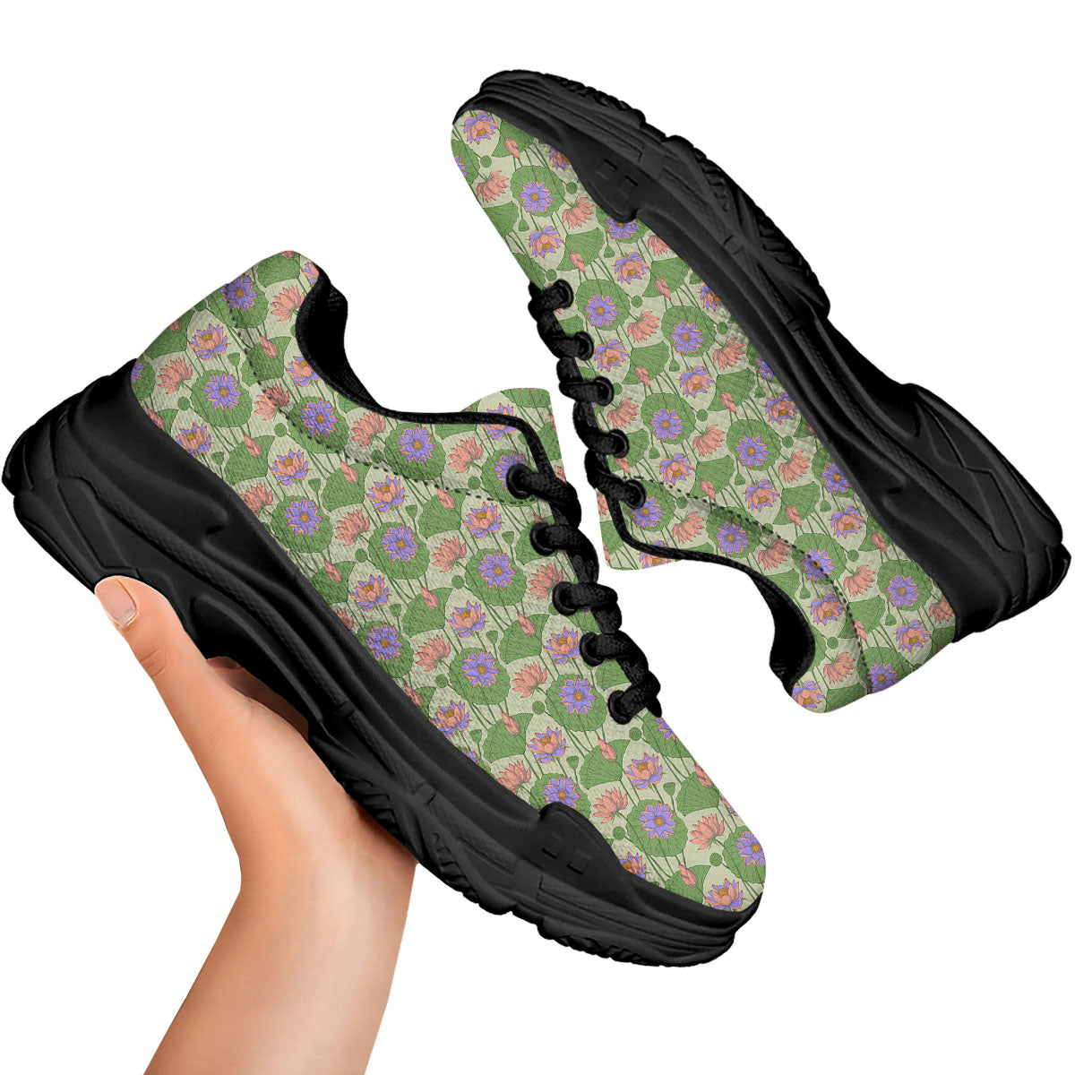 Lotus Leaf And Flower Print Pattern Black Chunky Shoes-grizzshop