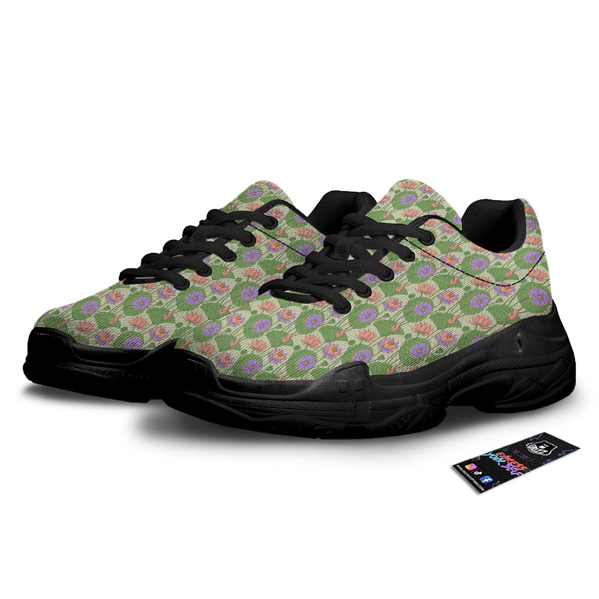 Lotus Leaf And Flower Print Pattern Black Chunky Shoes-grizzshop