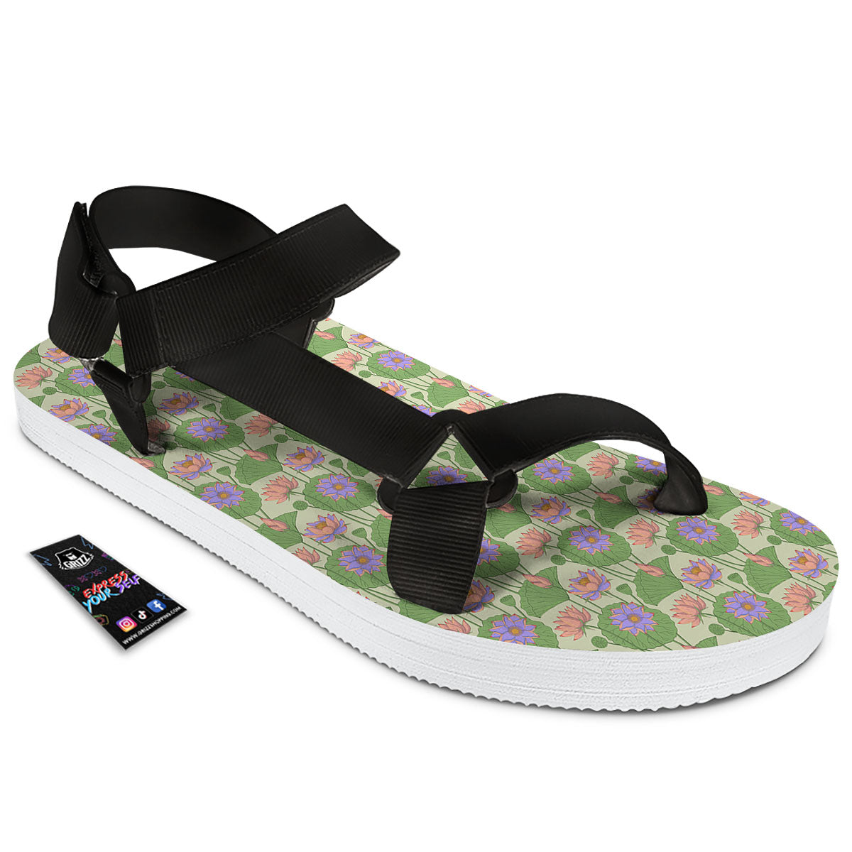 Lotus Leaf And Flower Print Pattern Black Open Toe Sandals-grizzshop